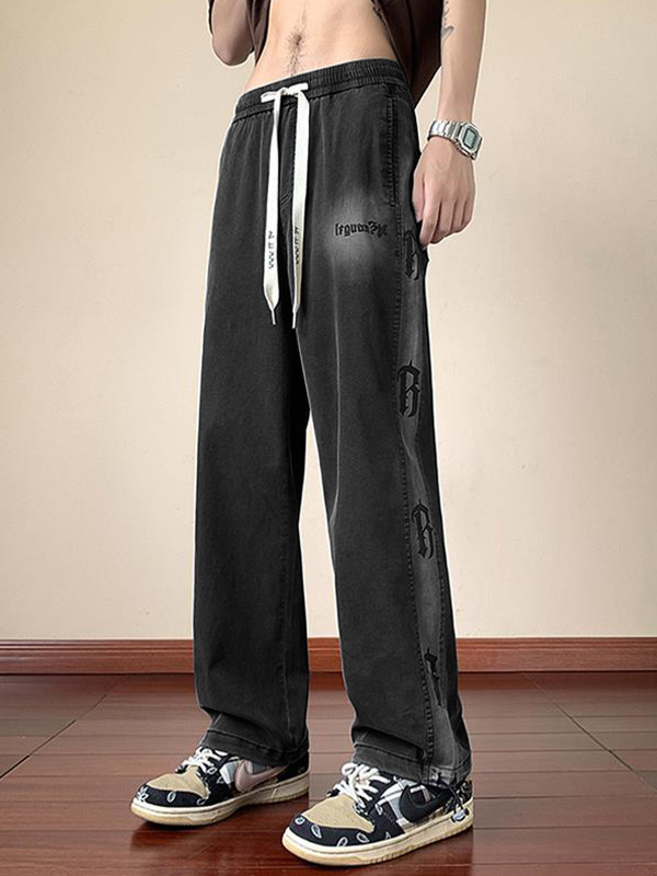 Men's Vintage Print Drawstring Straight Leg Jeans-2