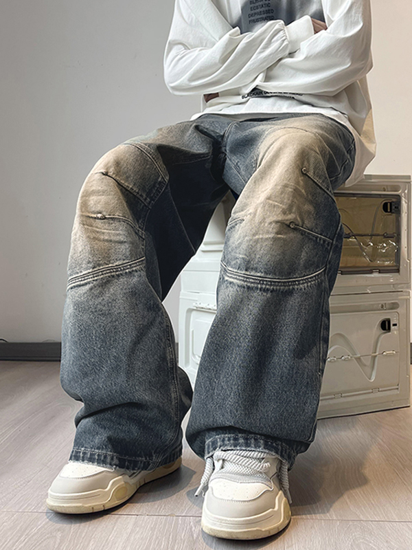 Men's Washed Distressed Ruched Loose Jeans-3