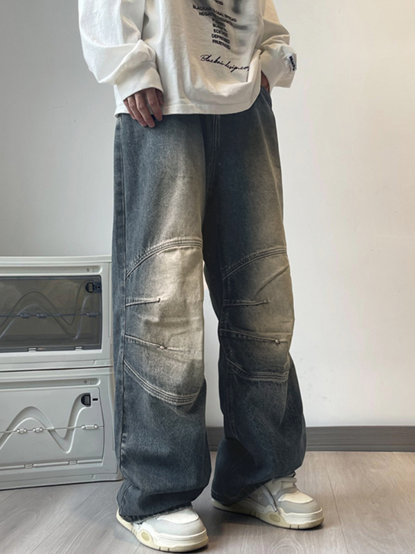 Men's Washed Distressed Ruched Loose Jeans-2