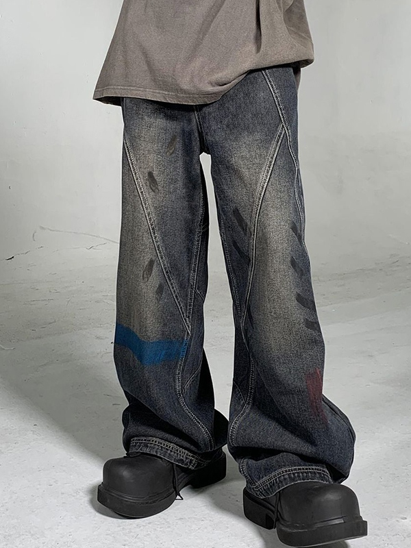 Men's Street Distressed Splice Graffiti Print Loose Jeans-2