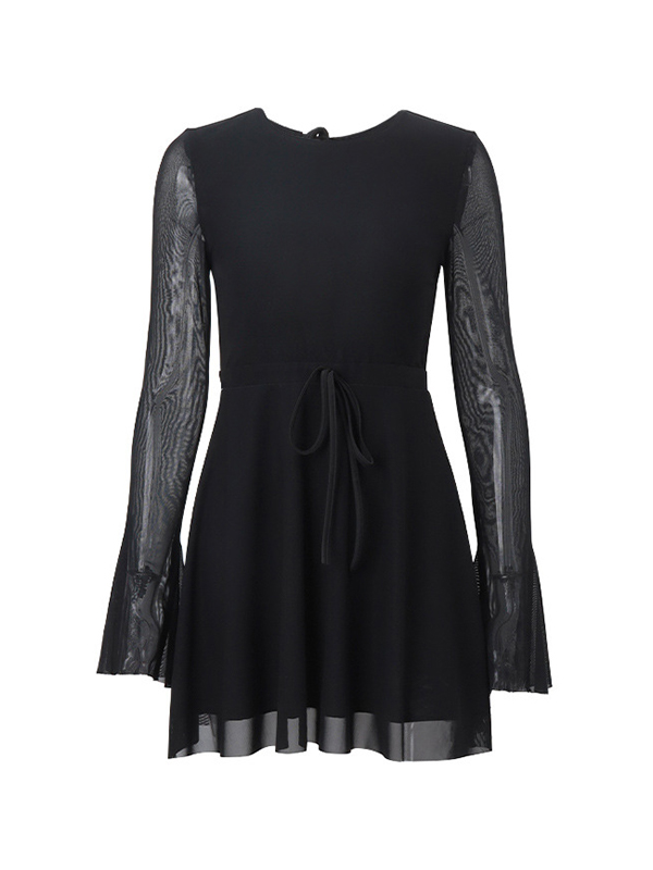 Solid Color Mesh Splice Backless Flare Sleeve Mini Dress-3