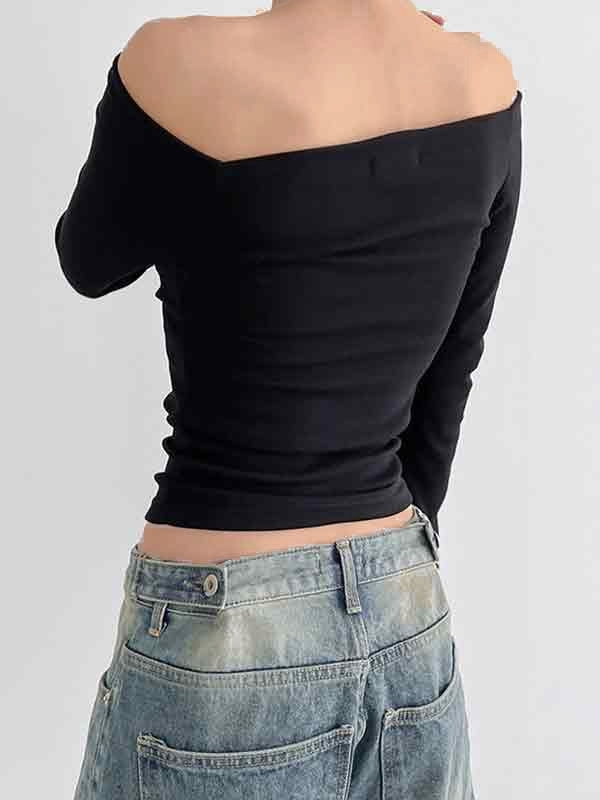 Off Shoulder Lip Skull Print Long Sleeve Tee-3