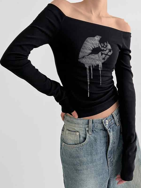 Off Shoulder Lip Skull Print Long Sleeve Tee-2
