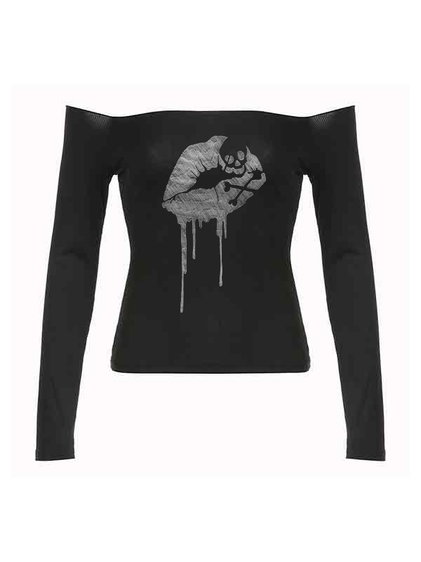 Off Shoulder Lip Skull Print Long Sleeve Tee-4