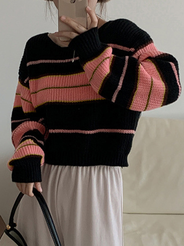 Stripe Splice Short Sweater-2